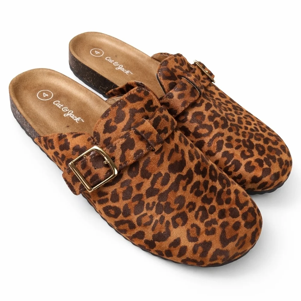 Cat & Jack Leopard Print Clog Mules Girls Size 4 Big Kid Buckle Slip On NWT